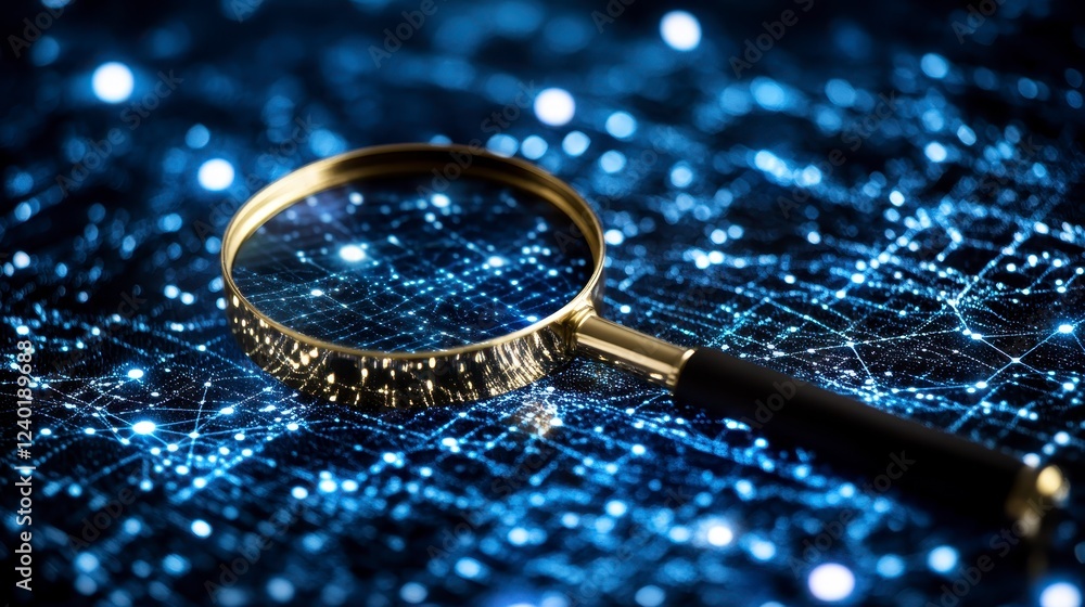 Poster close up view of a gold handled magnifying glass on a dark blue surface with a complex network of gl