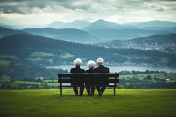 Elderly friends enjoying scenic mountain view park bench