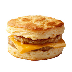 Biscuit sandwich with sausage patty and melted cheese isolated on a transparent background for culinary design purposes