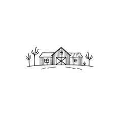 Rustic Barn in the Countryside: A Simple Line Drawing Illustration of a Farmhouse, Trees, and Country Landscape
