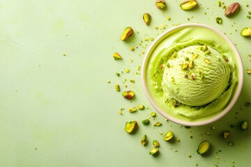 Obraz premium Pistachio ice cream with scattered nuts on pastel green background