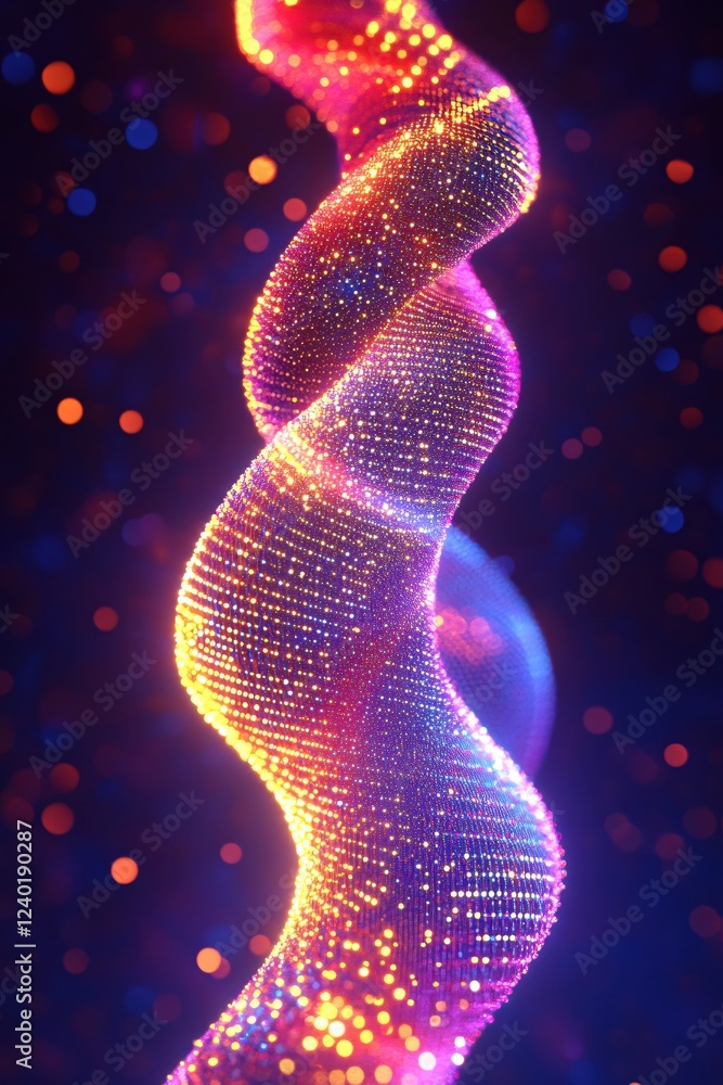 Poster abstract glowing spiral form with vibrant colors and bokeh effect on a dark background