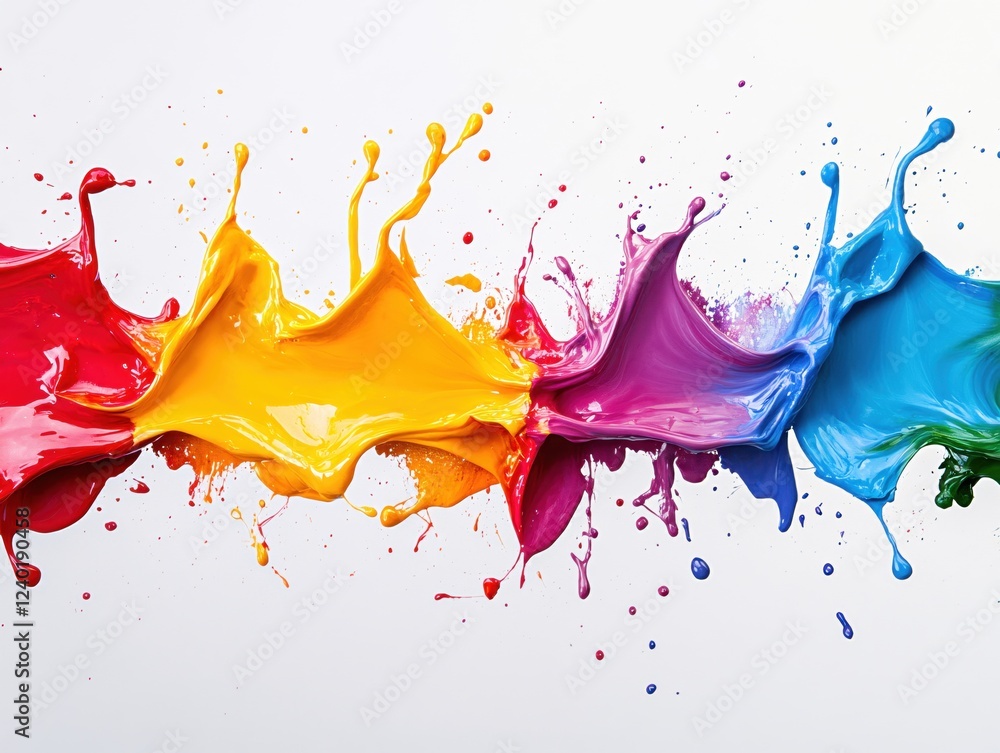 Poster vivid paint splash in rainbow colors creating dynamic abstract art on a white background