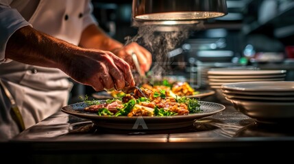 The cook chief plating a beautifully crafted meal, ready to be served to guests.