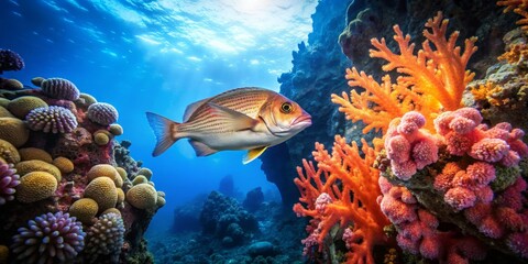 Obraz premium Vibrant Coral Reef Scene with Fish Swimming Among Colorful Corals