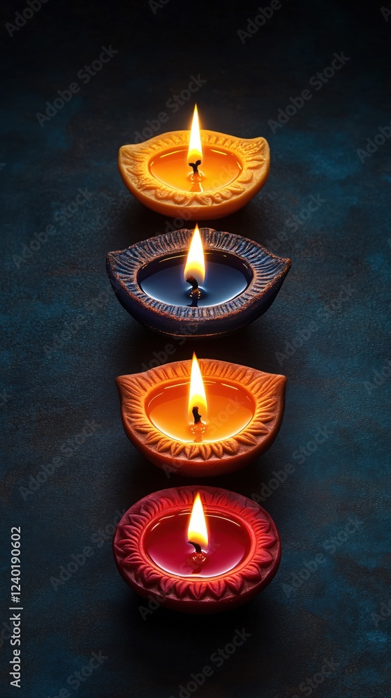 Aufkleber four lit candles in a row with different colors on dark background creating a warm atmosphere