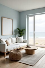 Fototapeta premium Coastal Living Room Decor Serene Beach View, Soft White Sofa, and Natural Woven Accents