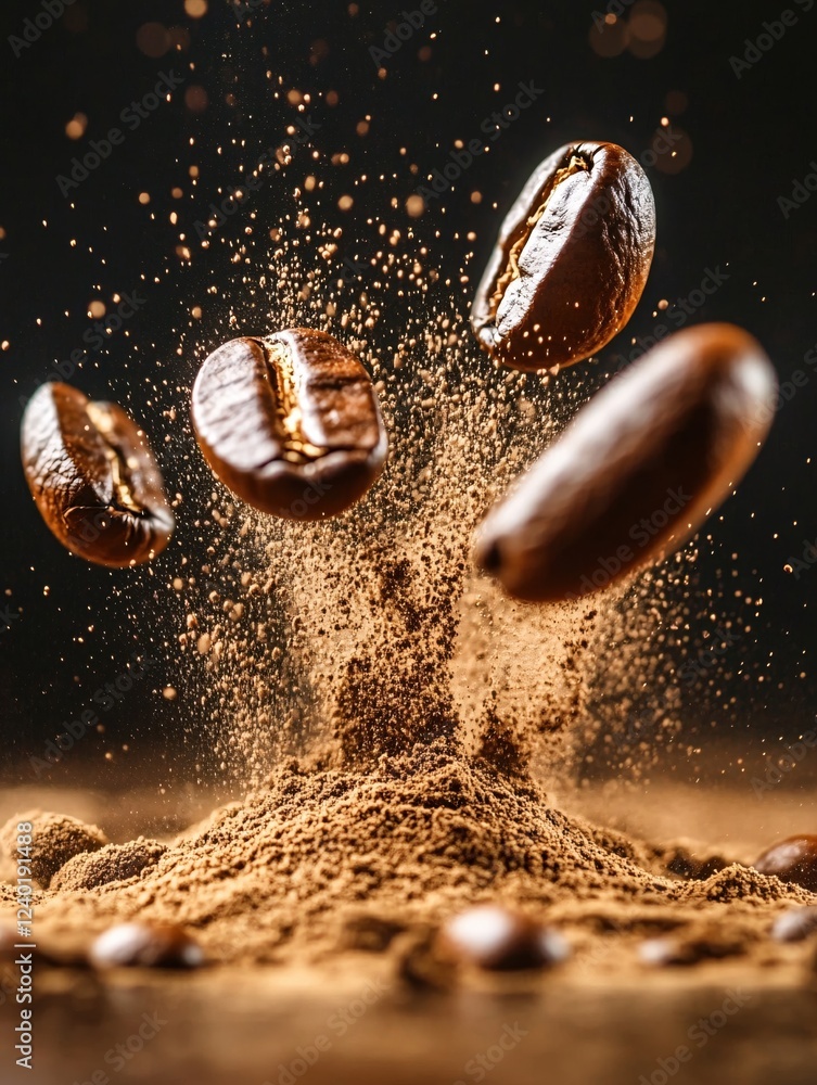 Poster roasted coffee bean floating above ground coffee with dark background and bokeh effect