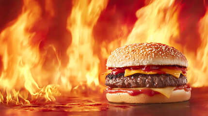 Flaming cheeseburger, sizzling patty, fiery background, restaurant menu