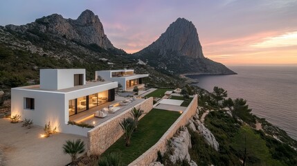 Luxury villa overlooking the ocean at sunset. Modern white architecture nestled into a rocky cliffside. Tranquil evening atmosphere. Lush green