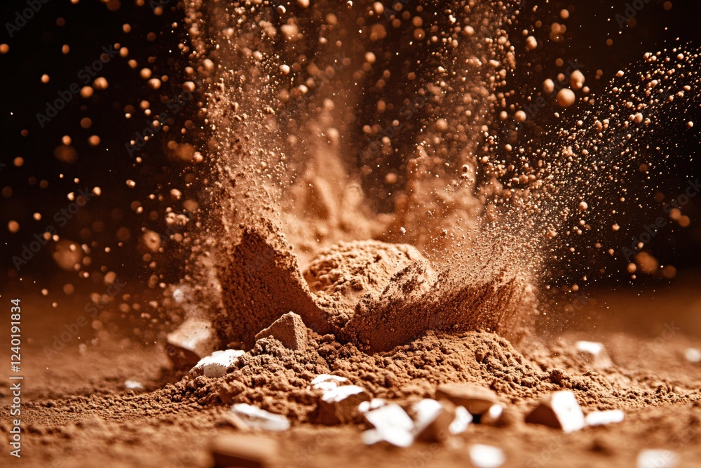 Poster brown powder explosion with particles flying in air creating dynamic abstract texture