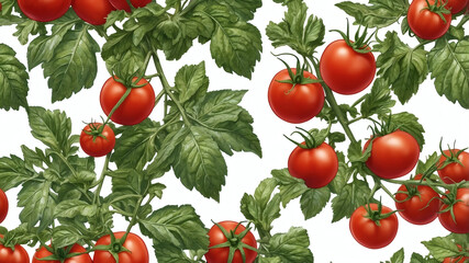 Juicy red tomatoes ripening on the vine, surrounded by lush green foliage. A vibrant summer harvest.