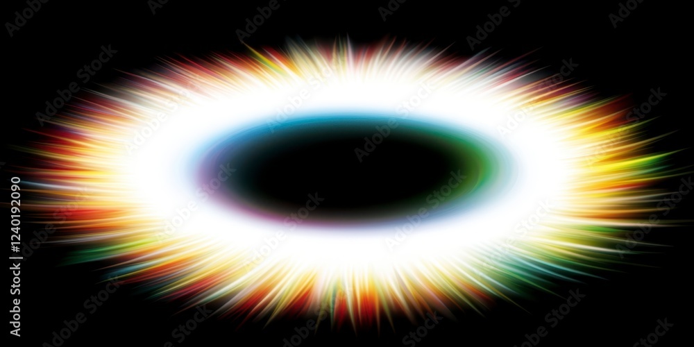 Wall mural Abstract image depicting a bright, multicolored burst of light surrounding a dark, oval void against a black background. The light rays radiate