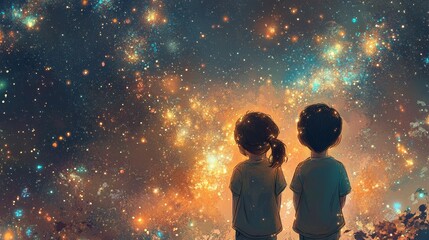 Fototapeta premium Kids in Awe Staring at Stars in a Magical Night Sky