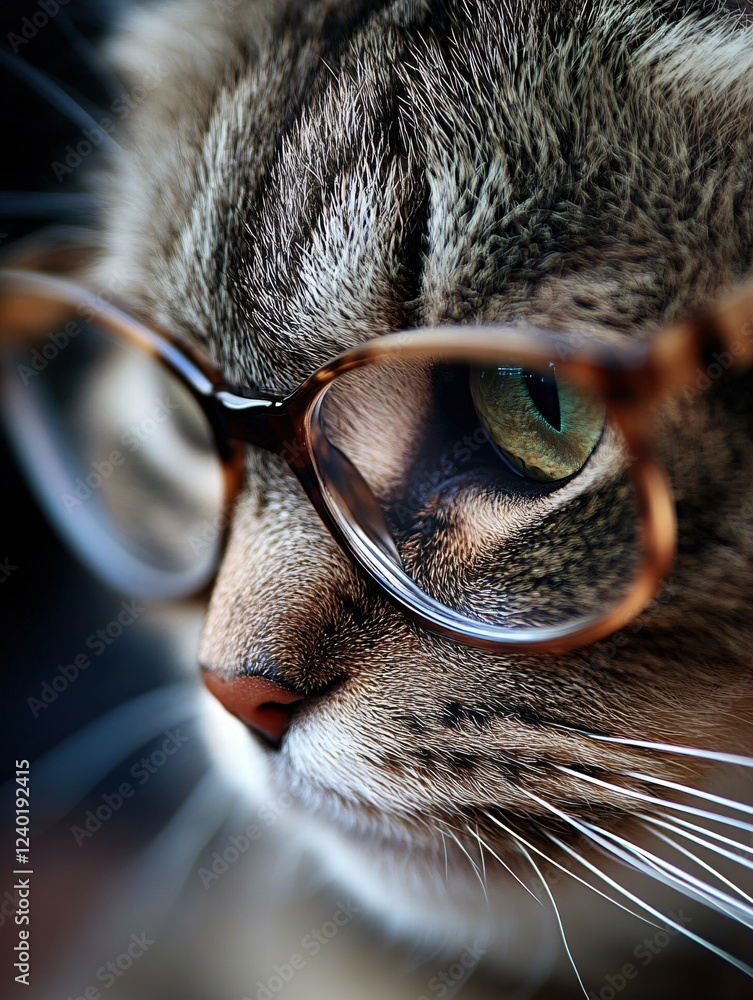 Poster close up of a tabby cat face wearing glasses with a shallow depth of field and dark background