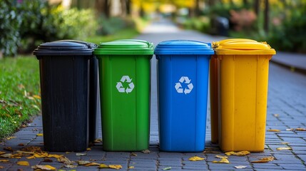 Four Colorful Recycle Bins in a Row on the Street for Sustainable Waste Management and Recycling
