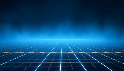 Futuristic digital grid landscape, blue neon glow, infinite horizon, technology concept, virtual reality, cyberspace, 3D perspective, sci-fi background, glowing lines, digital realm, abstract, high-te