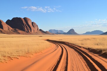 Fototapeta premium Desert landscape with sand dunes distant mountains clear blue sky