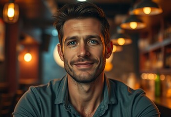Obraz premium A relaxed, slightly intoxicated man sitting in a dimly lit bar