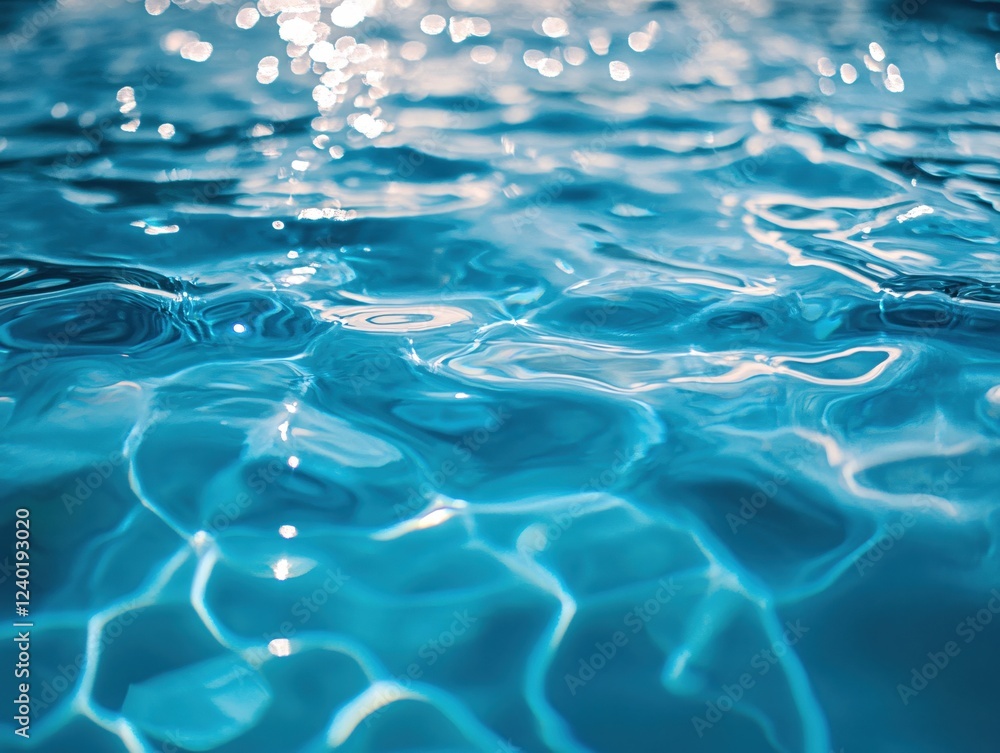 Poster sparkling water surface with light reflections creating abstract patterns in blue tones
