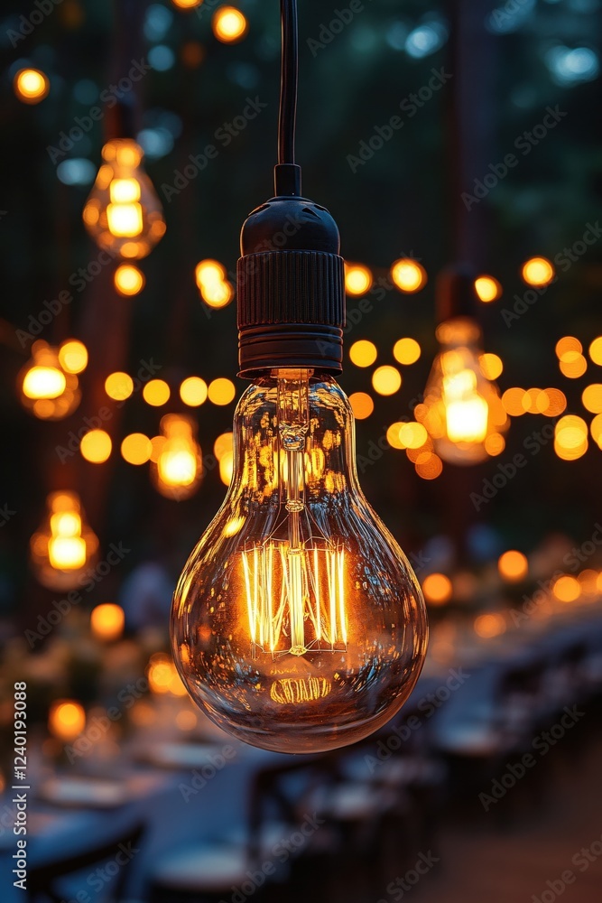 Poster glowing bulb hanging from a wire with blurred lights in the background creating a warm ambiance