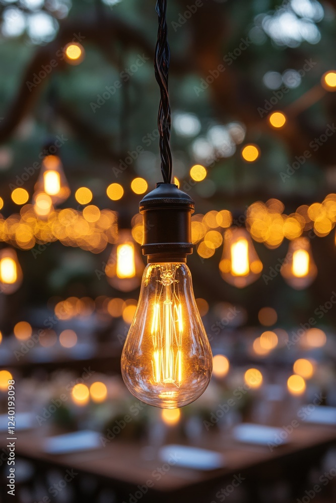 Aufkleber glowing bulb hanging with blurred lights in background creating a warm and inviting atmosphere