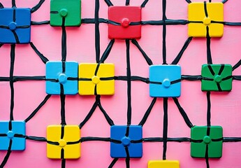 Colorful squares connected by black lines on pink background.
