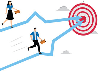 Competition or race to reach business goal or target, effort or challenge to achievement, motivation, progress or performance win business competition concept, business people run on arrow to target