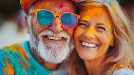 Joyful elderly couple enjoying the vibrant holi festival, covered in colored powder