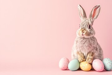 Gray rabbit on a pink background among Easter eggs. Easter and spring celebration concept. Spring card with space for text