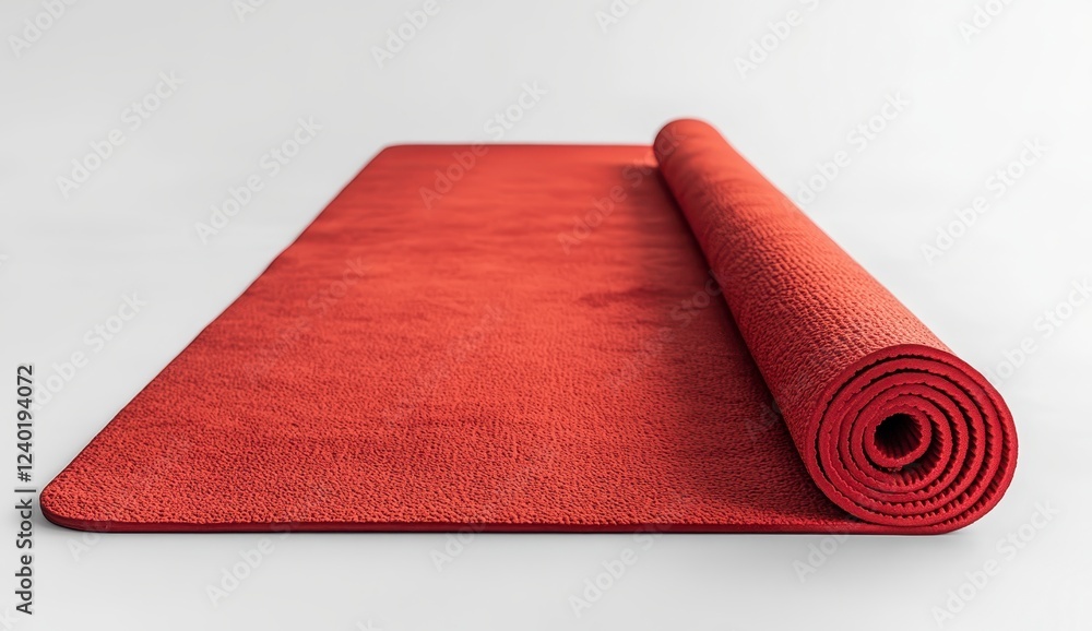 Poster partially rolled red carpet on a white background. the carpet is a deep, rich red with a slightly te