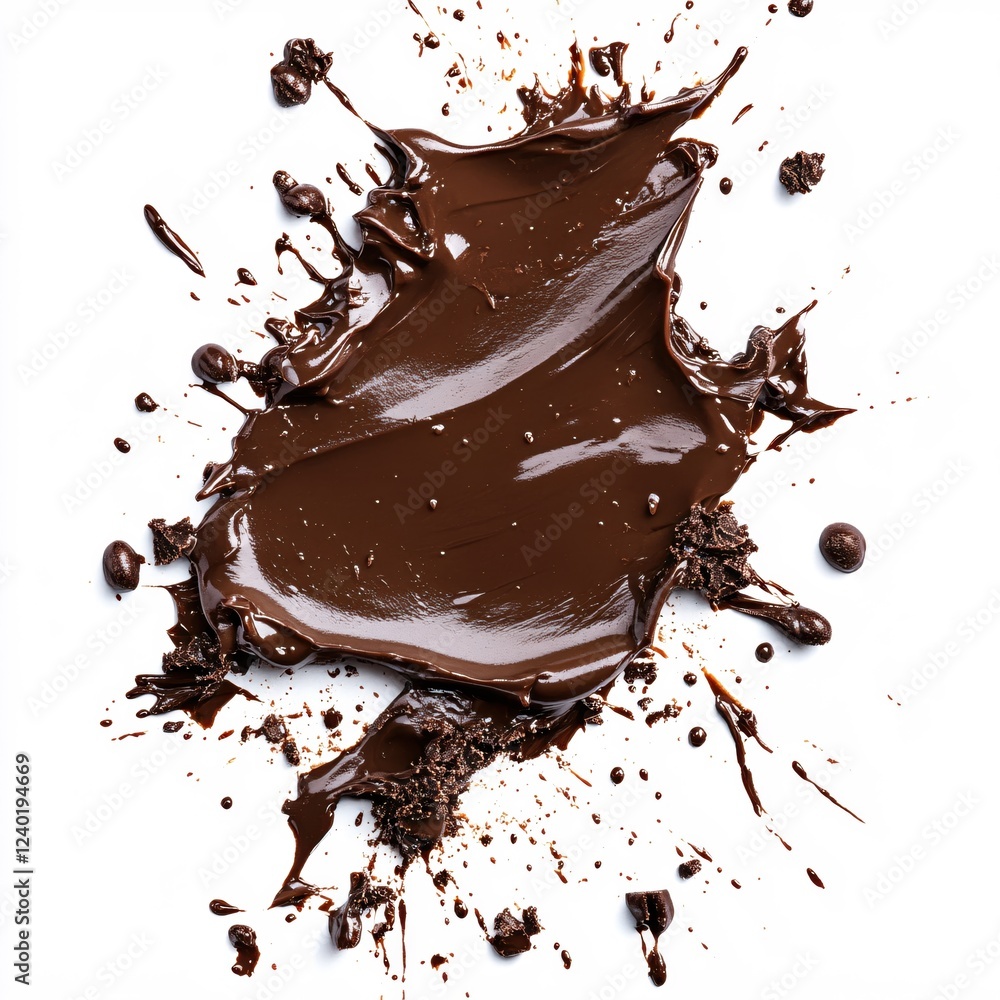 Poster dark chocolate splash with pieces on a white surface creating a dynamic and abstract food art