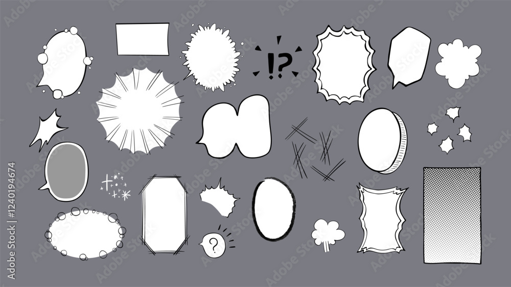 Aufkleber set of hand drawn text frames and design elements in manga style. vector text boxes of various shape