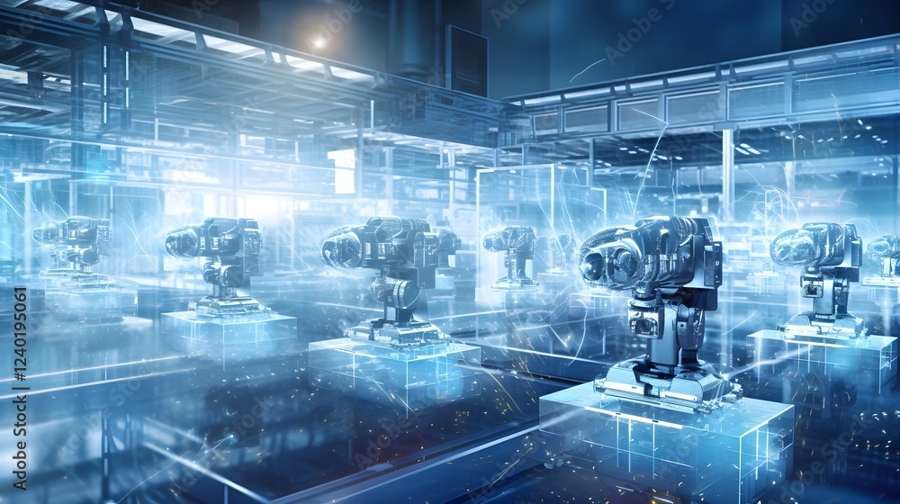 Poster automated high tech manufacturing plant showcasing intelligent industrial machinery and cutting edge