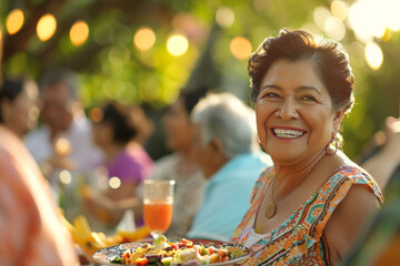 Joyful Family Matriarch: A vibrant Hispanic woman laughing while