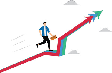 Fototapeta premium Consistency to growth, reliability or stability to progress in career development, balance or steady step, continuity growing, certainty concept, businessman walk slowly on steady consistence arrow