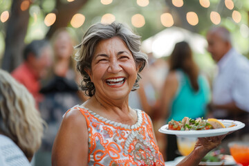 Joyful Family Matriarch: A vibrant Hispanic woman laughing while