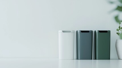 Three different colored trash bins sit side by side on a white table with a white background.