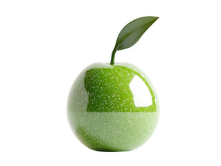 Glossy Green Apple with Leaf on White Background