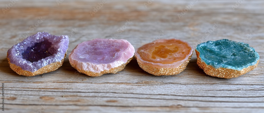 Poster four colorful geode stones with golden edges on a rustic wooden surface in a horizontal line
