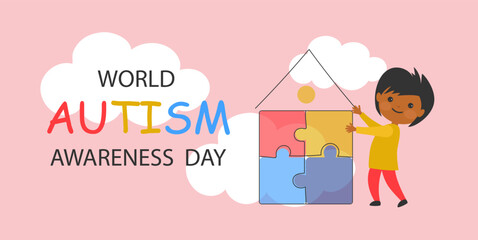 cute cartoon child and house of colorful puzzle. World awareness day background design celebrating poster modern flat vector
