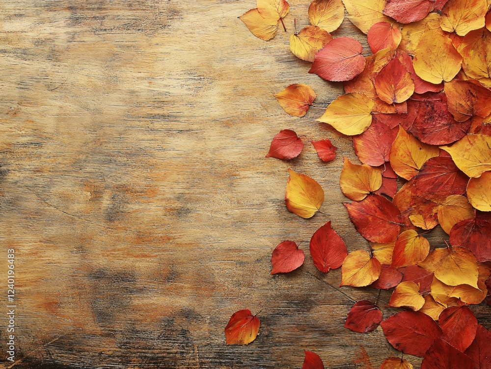 Aufkleber autumn leaves on rustic wooden surface with warm tones and texture creating a fall backdrop