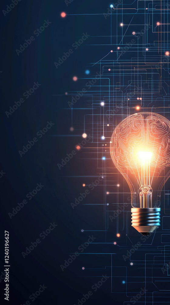Poster illuminated light bulb with circuit design and glowing elements