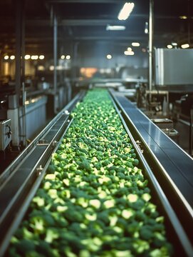 Broccoli florets moving on conveyor belt in food processing factory with industrial lighting