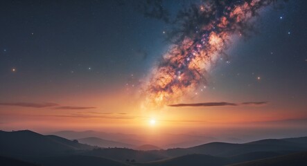 Naklejka premium Majestic Milky Way Sunrise Over Silhouetted Hills.