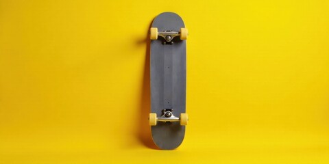 A gray skateboard with yellow wheels stands vertically against a vibrant yellow background, ready for action and adventure.
