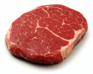 Obraz premium Close up view of a single, raw beef steak on a white background. The steak is rich red in color with visible marbling. It is presented in a simple
