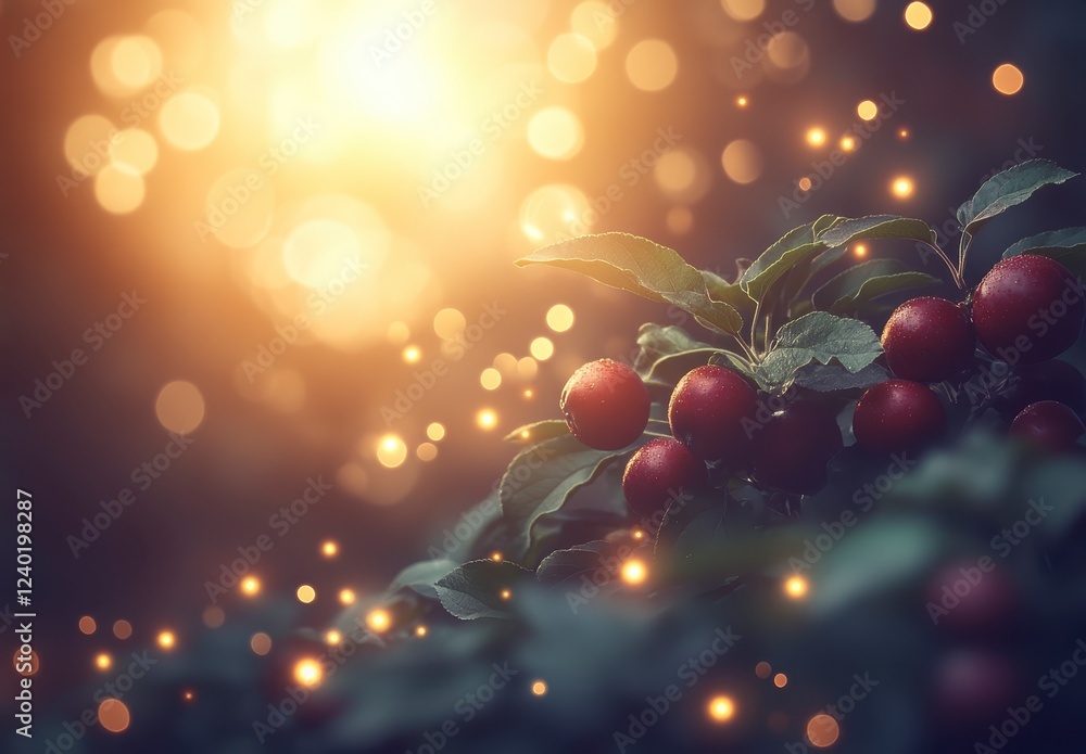 Poster close up of red berries on a branch, illuminated by warm, golden light with bokeh effect. dark green