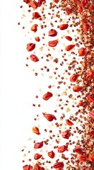 Obraz premium Red and beige dried spice pieces falling onto a white background, creating a vertical cascade. High key lighting accentuates the texture and color