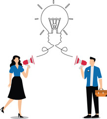 Communication message, announcement or conversation to communicate idea, information or discussion speech, advertising strategy, speaking or talk concept, business people talk on megaphone with idea